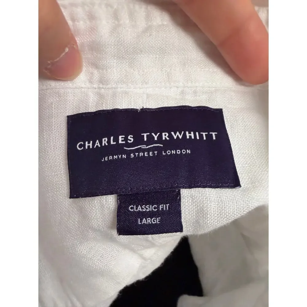 Charles Tyrwhitt Mens 100% Linen Long-Sleeve Button-Down Shirt White Resort Wear